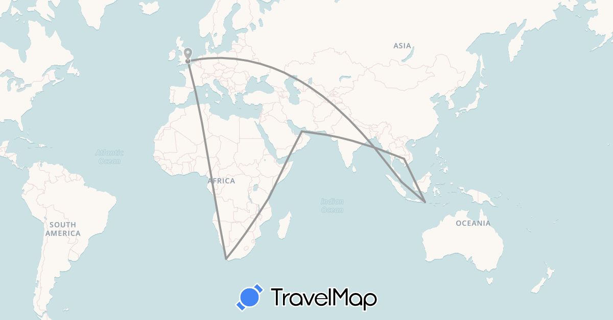 TravelMap itinerary: driving, plane in United Arab Emirates, United Kingdom, Indonesia, Cambodia, Singapore, Tanzania, South Africa (Africa, Asia, Europe)